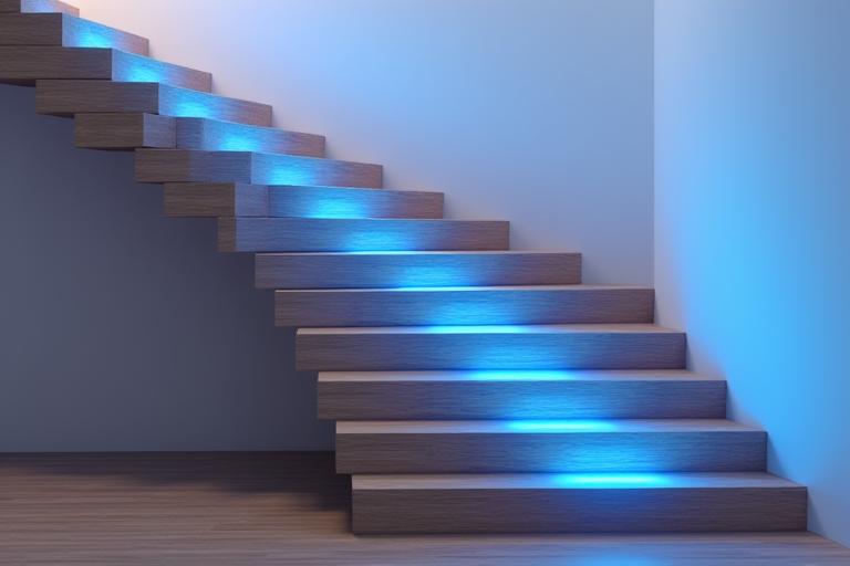Illustration of a motion sensor detecting movement on a staircase, with sequential lights activating the path ahead.